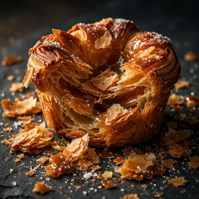 A caramelized kouign-amann with shattering buttery layers, sugar crystals glinting, on dark slate. Breton pastry photography, moody side light