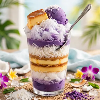 A tall glass of halo-halo with ube, leche flan, shaved ice and coconut layers, long spoon poised. Filipino dessert photography, bright light, playful