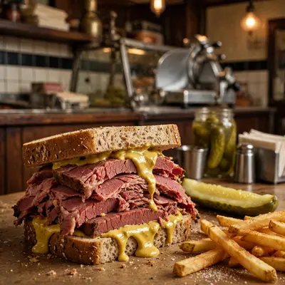 A towering pastrami on rye with mustard oozing, pickle spear and fries, classic deli counter behind. Deli food photography, warm nostalgic light