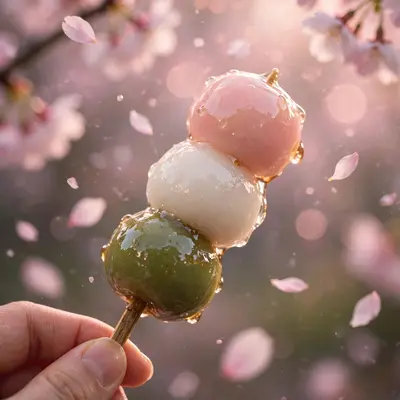 Three-color hanami dango skewers held against falling cherry blossoms, sweet soy glaze glistening. Japanese spring dessert photography, soft pink