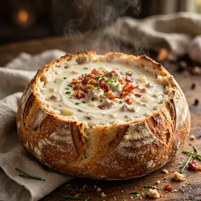 New England clam chowder served in a hollowed sourdough bowl, bacon crumble and chives on top, steam rising. Comfort food photography, cozy light