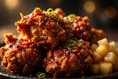 Korean fried chicken glazed in gochujang, double-fried shattering crust, sesame and scallions, pickled radish. Korean food photography, bold side