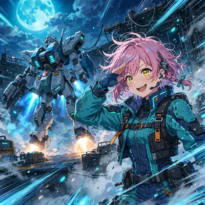 Dynamic anime key visual of a mecha pilot saluting before launch, drawn in modern shonen anime style. Cold cyan moonlight washes the scene while