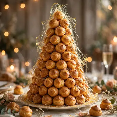 A croquembouche tower of profiteroles bound with caramel threads, spun sugar glinting, at a celebration. French patisserie photography, festive
