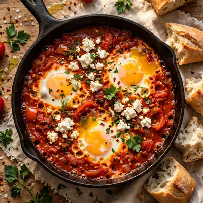 Shakshuka bubbling in a cast iron pan, eggs poached in spiced tomato, feta and herbs, bread for dunking. Brunch photography, warm rustic light, cozy