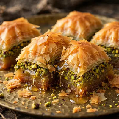 Diamond-cut baklava with honey dripping between pistachio layers, phyllo shattering, on a brass tray. Turkish dessert photography, warm light, sticky