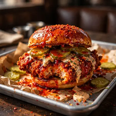 Nashville hot chicken sandwich with cayenne oil glistening, pickles and comeback sauce, on a diner tray. Southern food photography, bold light, fiery