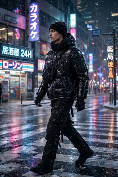 A figure in a glossy black puffer jacket, beanie and techwear pants crossing a snowy Tokyo intersection at night, neon reflecting on wet asphalt
