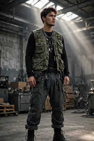Full cargo outfit with multi-pocket vest, parachute pants and utility belt, posed in an industrial warehouse with skylight beams. Utility streetwear