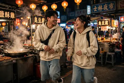 A duo in matching oversized hoodies and jorts laughing at a Taipei night market, steam and lanterns behind. Candid street style photography, warm