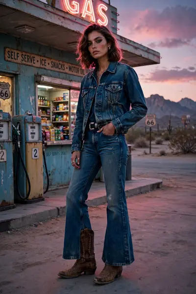 A model rocking double denim with a trucker jacket, flared jeans and cowboy boots in a desert gas station at dusk. Western streetwear editorial, pink