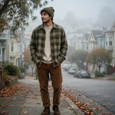 Cozy layered fit with fisherman beanie, flannel overshirt and corduroy pants on a foggy San Francisco hill. Fall street style photography, soft foggy