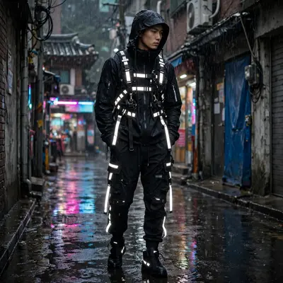 Head-to-toe black techwear with reflective straps, cargo joggers and high-top sneakers in a rainy Seoul alley. Dark streetwear photography, wet neon