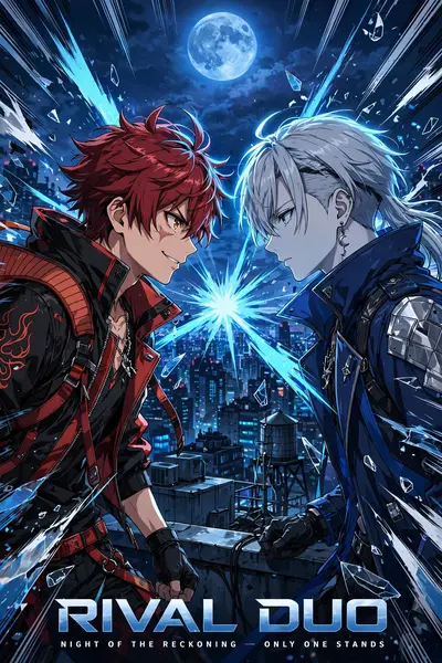 High-energy anime poster art of a rival duo locked in a rooftop faceoff, rendered in studio-quality TV anime style with explosive impact frames