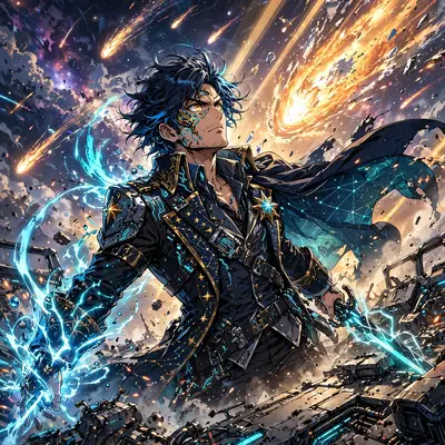 Epic anime splash art featuring a star pirate captain on a comet-lit deck in sleek cyber-anime hybrid style, energy crackling around the figure. Soft