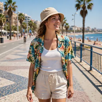 Breezy summer fit with bucket hat, open Hawaiian shirt and linen shorts on a Barcelona boardwalk. Summer street style photography, bright harsh sun