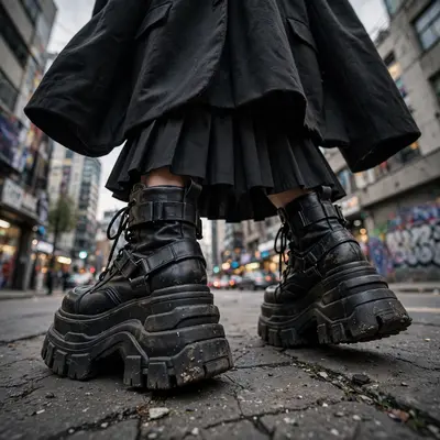 Low-angle shot of chunky platform boots on cracked pavement, pleated mini skirt and oversized blazer above, city blur behind. Bold street