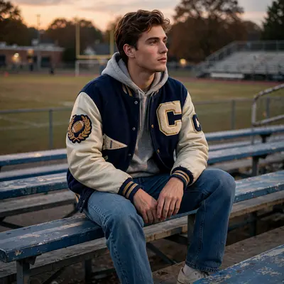 A vintage varsity jacket with chenille patches over a hoodie, straight-leg jeans, on high school bleachers at dusk. Preppy streetwear photography