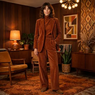 Head-to-toe corduroy in rust tones, wide-wale suit with turtleneck, in a mid-century modern interior. Retro fashion editorial, warm tungsten light