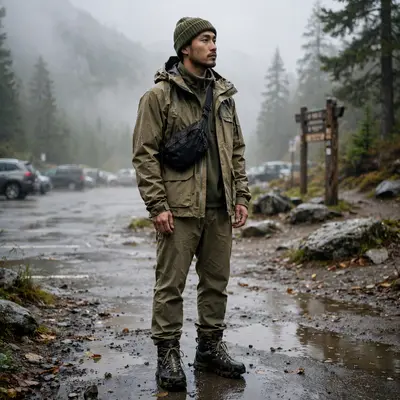 Gorpcore fit with waterproof shell, hiking boots and beanie on a misty mountain trailhead parking lot. Outdoor streetwear photography, overcast