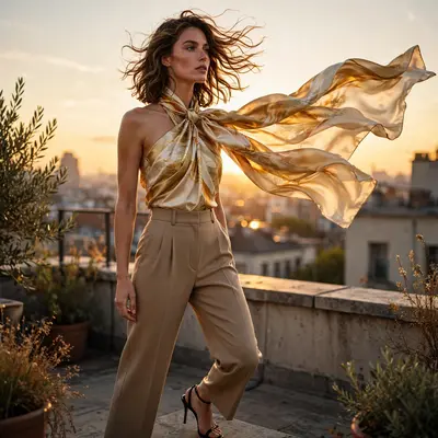 An elegant silk scarf styled as a top with high-waisted trousers and heels, wind catching the fabric on a rooftop. Chic street editorial, golden hour