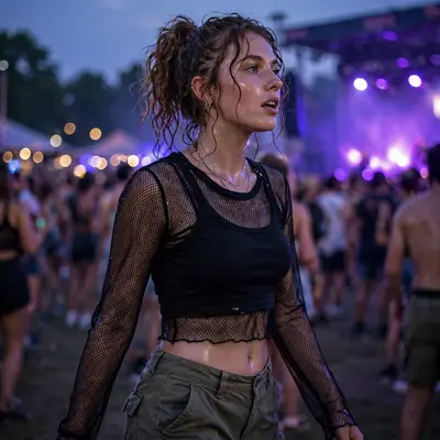 A mesh long-sleeve layered under a cropped tank, low-rise cargos, at an outdoor summer festival at dusk. Festival fashion photography, purple dusk