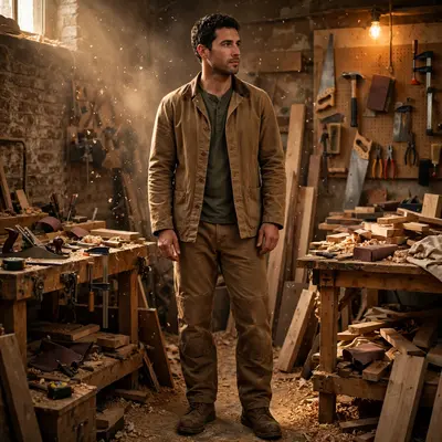 Carhartt-style workwear with chore coat, double-knee pants and boots in a Brooklyn workshop, sawdust in air. Workwear editorial photography, warm