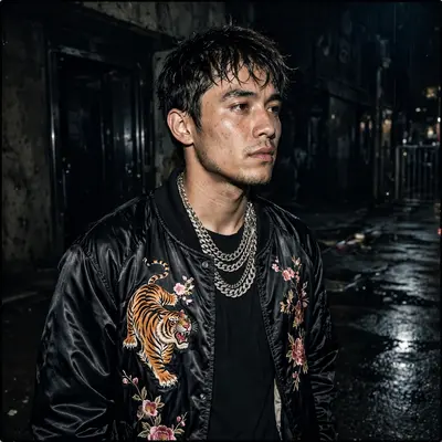 A satin souvenir bomber with embroidered tiger, black tee and chains, outside a club at 2AM. Nightlife street photography, harsh flash, wild and