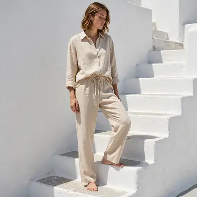 A matching sand-colored linen set, relaxed shirt and drawstring pants, barefoot on whitewashed Greek steps. Minimalist fashion photography, harsh