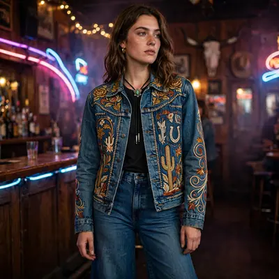 Custom chain-stitched denim jacket with western embroidery, flared jeans, at a Nashville honky-tonk. Western fashion photography, neon bar light