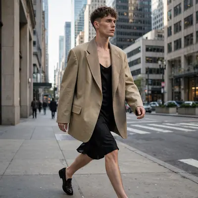 An oversized menswear blazer over a slip dress and loafers, power-walking through the financial district. Androgynous chic photography, crisp morning