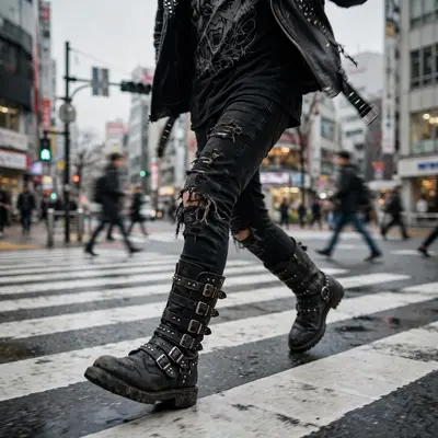 Heavy moto boots with buckles, ripped black jeans and band tee, marching across a zebra crossing in Shibuya. Punk street photography, overcast