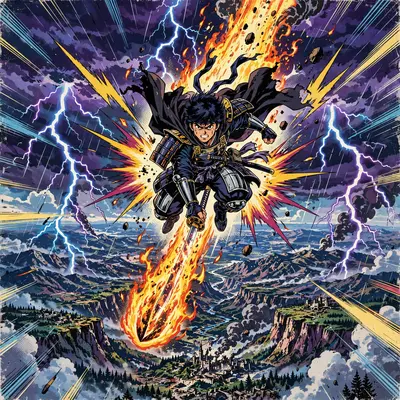 High-energy anime poster art of a meteor swordsman descending from the sky, rendered in retro 80s anime aesthetic with explosive impact frames