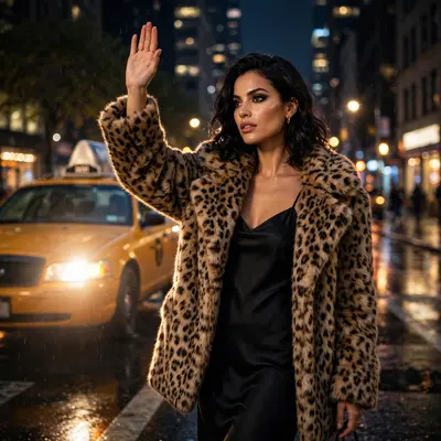 A leopard faux-fur coat over a slip dress and heels, hailing a cab in Manhattan at midnight. Night glamour photography, taxi headlight glow, fierce