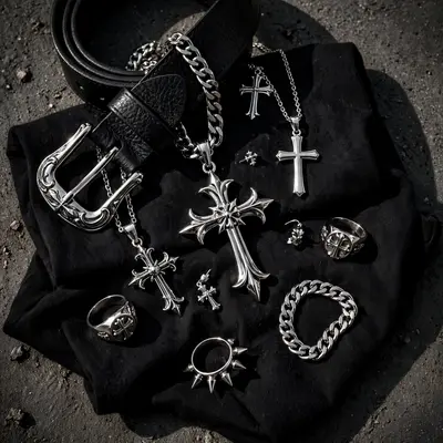 Close-up flat lay of chrome jewelry, cross pendants and leather belt over a graphic tee on concrete. Accessory editorial photography, hard side