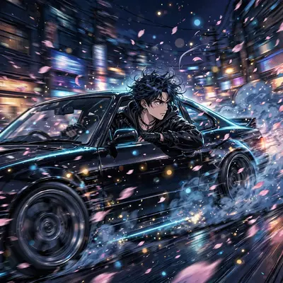 manga-inspired anime style with screentone accents anime scene: a street racer leaning into a midnight drift, surrounded by swirling petals and
