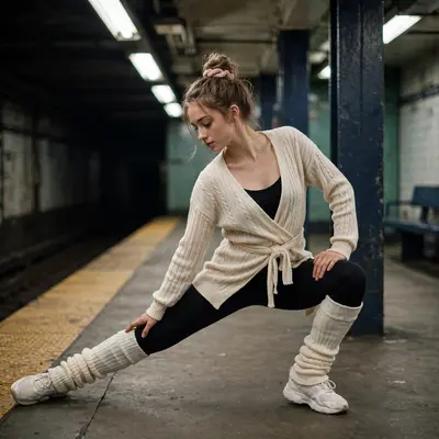 Balletcore with wrap top, legwarmers over leggings and sneakers, stretching on a subway platform. Dance-street fusion photography, fluorescent subway