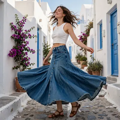 A floor-length denim maxi skirt with a cropped white tank and sandals, twirling in a Santorini alley. Summer denim editorial, bright white light