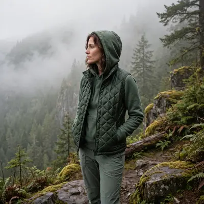 A quilted puffer vest over a hoodie with trail pants, at a foggy overlook in the Pacific Northwest. Layered outdoor photography, misty soft light