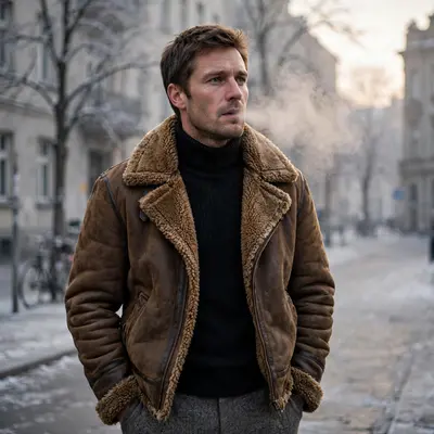 A shearling aviator jacket with turtleneck and wool trousers, breath fogging in cold Berlin air. Winter classic photography, pale winter sun, rugged