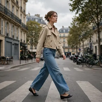 A cropped trench jacket with wide-leg jeans and ballet flats, crossing a Parisian boulevard. French-girl street style photography, soft overcast