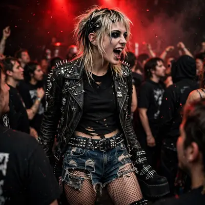 Fishnet tights layered under ripped shorts, studded belt and platform creepers at a punk show. Concert fashion photography, red stage light, loud and