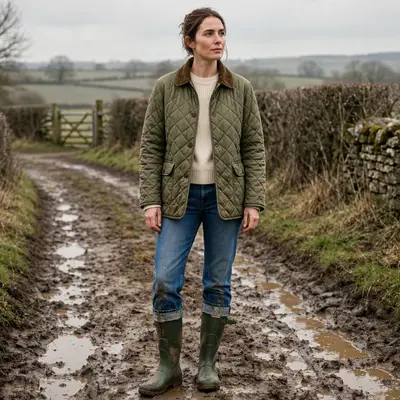 A diamond-quilted country jacket with corduroy collar, jeans and wellies on a muddy English farm track. Countryside fashion photography, soft gray