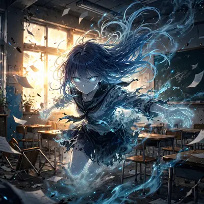 Cinematic anime still of a ghost girl drifting through an empty classroom in vibrant cel-shaded anime style, caught at the peak of motion