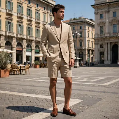 A matching blazer and tailored shorts suit with loafers, no socks, in a Milan piazza at noon. Summer tailoring photography, harsh bright sun, sharp