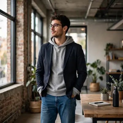 A gray hoodie layered under a structured blazer with jeans and sneakers, in a startup office loft. Smart-casual street photography, window light