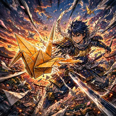 a paper crane folding into a living warrior rendered in painterly anime style with cel-shaded characters, frozen mid-action with bold motion lines