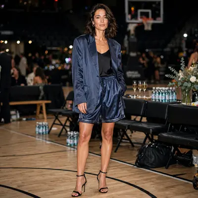 Silk basketball shorts with an oversized blazer and heels, courtside at a fashion week afterparty. Luxe-sport photography, party flash, unexpected