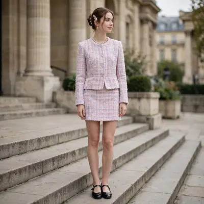 A pastel tweed mini skirt set with pearls and Mary Janes, on the steps of a Paris museum. Ladylike fashion photography, soft daylight, polished and