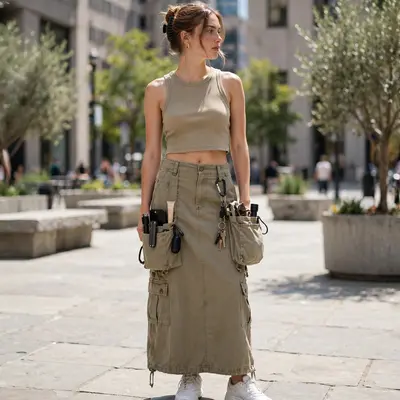 A khaki cargo maxi skirt with a cropped tank and sneakers, pockets loaded, in a downtown plaza. Utility fashion photography, bright daylight